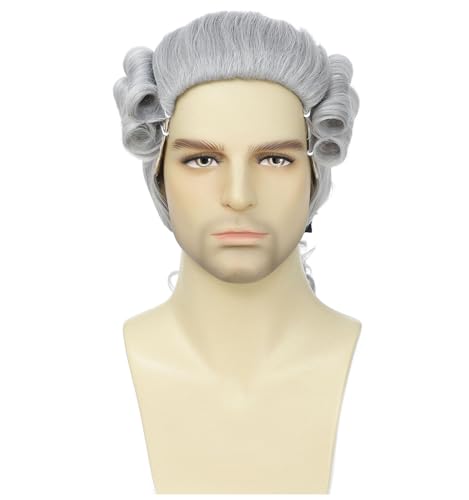 ByouByou Men's Colonial Judge Wig,18th Century Washington Wig, Historical Barrister Cosplay Wig for Halloween Christmas Party (Dark Gray) - color: Dark Gray