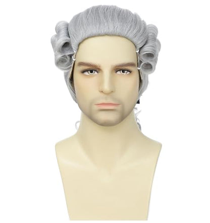 ByouByou Men's Colonial Judge Wig,18th Century Washington Wig, Historical Barrister Cosplay Wig for Halloween Christmas Party (Dark Gray) - color: Dark Gray