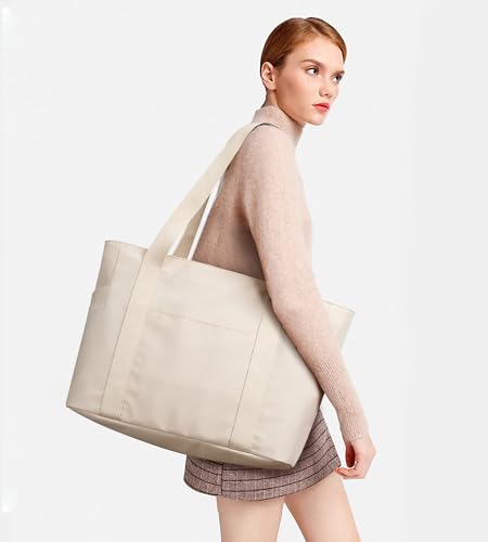 WLLWOO Large Tote Bag, 14” Laptop Work Travel Bag with Trolley Sleeve | Multi Pocket Water Splash Zipper Shoulder Handbag for Women Daily Nurse Gym Commute - color: Beige