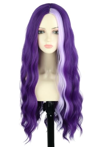 Women Synthetic Long Wavy Wig Purple Hair with Single Purple Pink Streak Gothic Vampire Cosplay Wig Halloween Carnival Costume Party Wigs | Halloween Party, Cosplay Costume, Gothic Style, Vampire Theme - color: Purple/