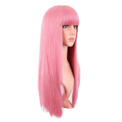 MapofBeauty 24 Inch Long Straight Flat Bangs Party Cosplay Wig, Light Pink | 60 cm Synthetic Hair Wig, Heat Resistant, Women - color: Light Pink