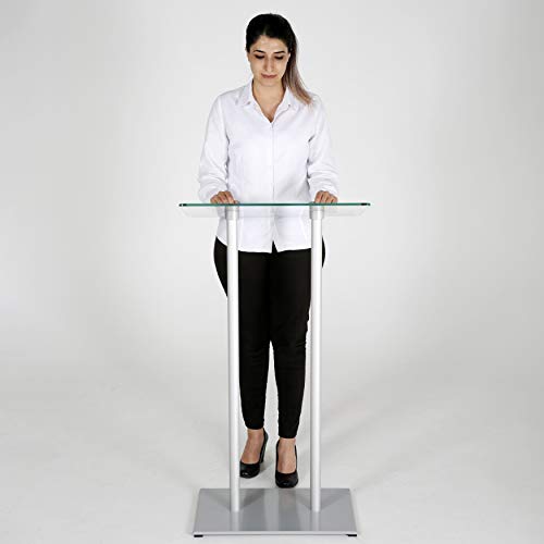 M&T Displays Tempered Clear Glass Conference Podium Stand Silver Aluminum Body and Base 43.9 Inch Height Floor Standing Lectern Pulpit Desk for Classroom Church - color: Silver