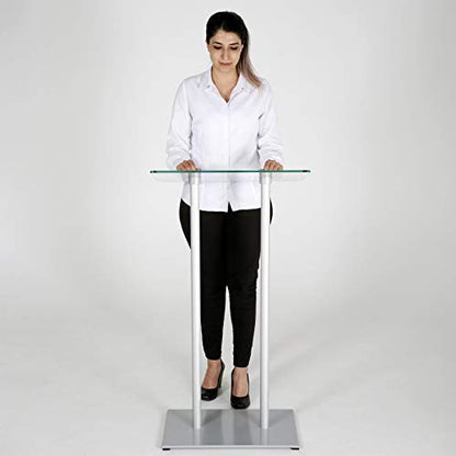 M&T Displays Tempered Clear Glass Conference Podium Stand Silver Aluminum Body and Base 43.9 Inch Height Floor Standing Lectern Pulpit Desk for Classroom Church - color: Silver