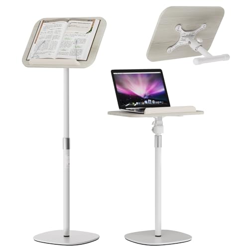 Floor Book Stand, Height Adjustable Reading Stand, Multi-Purpose Book Holder/Laptop Stand/Music Sheet Stand, 180° Tilt Desktop, Heavy-Duty Base, Two-Stage Page Clips for Thick Books (White) - color: White