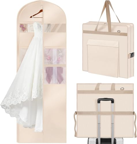 Upgraded Version 65" Wedding Dress Garment Bag Dress Bags for Gowns Bridal Dress Travel Bag with 12”Gusseted and Accessory Pockets for Wedding Dress, Puffy Gowns, Equipped with Shoulder Straps - size: 24 X 65 inch