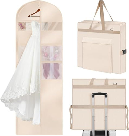 Upgraded Version 65" Wedding Dress Garment Bag Dress Bags for Gowns Bridal Dress Travel Bag with 12”Gusseted and Accessory Pockets for Wedding Dress, Puffy Gowns, Equipped with Shoulder Straps - size: 24 X 65 inch