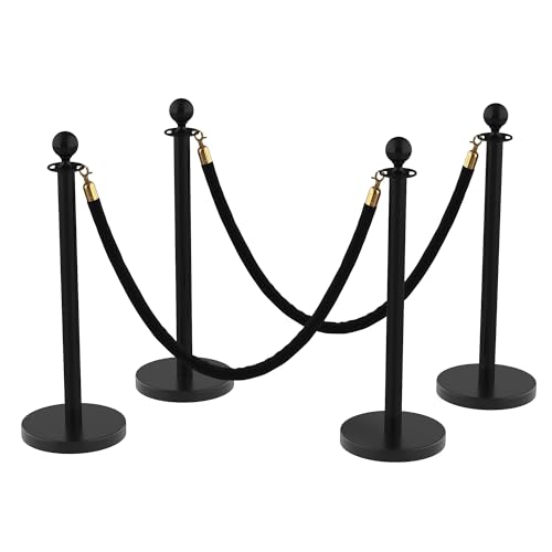 4Pcs Stanchions Post and Velvet Ropes, Crowd Control Barriers with Weighted Base, Red Carpet Runner Poles, Retractable Safety Barriers for Party, Wedding, Theater, Event, Hotel - color: Black, size: without Red Carpet