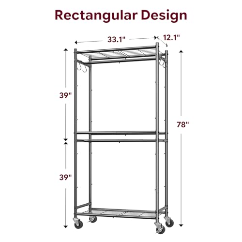 Simple Trending Clothes Rack, Clothing Rack, Portable Closet, Black | Wardrobe Closet with Mesh Shelves & Hooks, Metal Garment Rack, 360° Lockable Wheels, Multi-Functional, for Bedroom, Laundry - size: 12.1"D x 33.1"W x 78"H