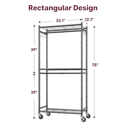Simple Trending Clothes Rack, Clothing Rack, Portable Closet, Black | Wardrobe Closet with Mesh Shelves & Hooks, Metal Garment Rack, 360° Lockable Wheels, Multi-Functional, for Bedroom, Laundry - size: 12.1"D x 33.1"W x 78"H