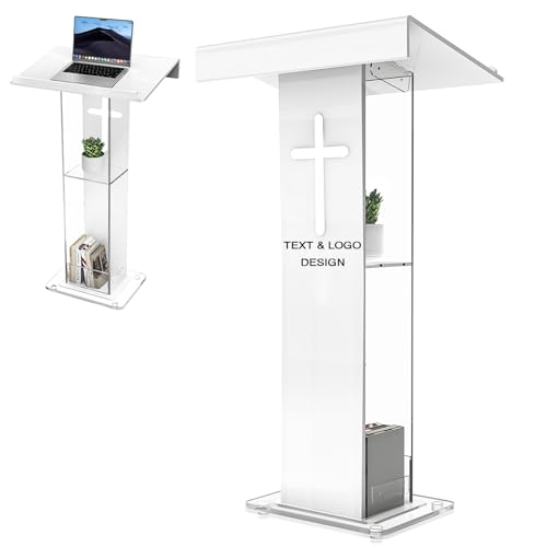 45.3 Customized Logo and Text Acrylic Podium Lectern, Pulpit for Churches with Double Shelves, Modern Plexiglass Pulpits Lectern with Cross Design for Classroom, Conference, Wedding and More - size: 45.3IN-cross customize