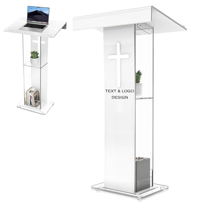 45.3 Customized Logo and Text Acrylic Podium Lectern, Pulpit for Churches with Double Shelves, Modern Plexiglass Pulpits Lectern with Cross Design for Classroom, Conference, Wedding and More - size: 45.3IN-cross customize