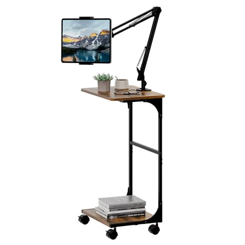 Floor Kindle Tablet iPad Stand with C-Shaped Side Table, Angle Height Adjustable iPad Tablet Kindle Holder for Bed with 360-Degree Rotating Wheels, Compatible with 4.7"-13" Kindle Cell Phone iPhone - size: 11.4"D x 15.4"W x 56.4"H