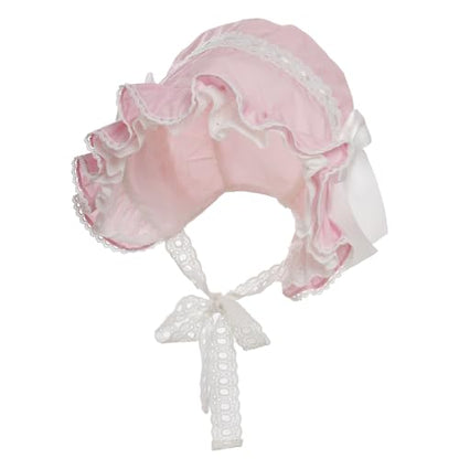 BPURB Victorian Lace Bonnet Colonial Pioneer Hat for Halloween Costume - color: Pink