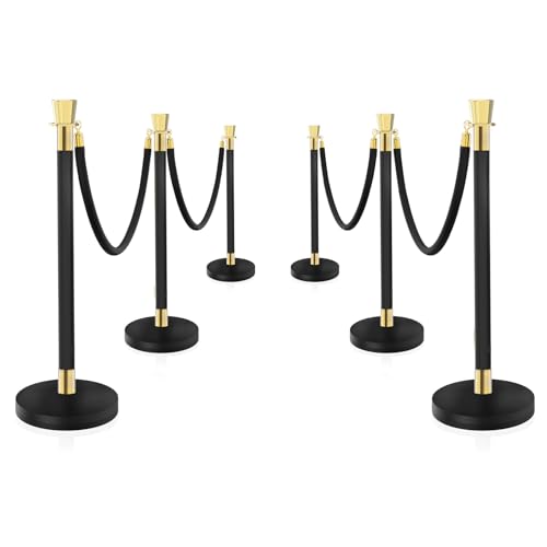 Black Stainless Steel Stanchions Rope - Crowd Control Barriers with Red Carpet Safety Barrier, Velvet Ropes and Posts & Retractable Belts for Party Theater Weddings, Museums - 6 Pcs - color: Black, size: 6Pcs