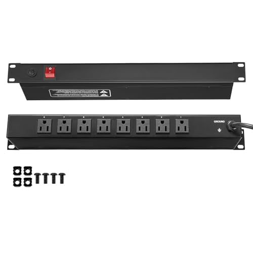 VEVOR 8 Outlet Horizontal 1U Rack Mount PDU Power Strip for Network Server Racks, Surge Protection & Overload Protection, 110-125V/15A, with 6ft 14AWG Power Cord - style: 8 Outlet-Individual Switches