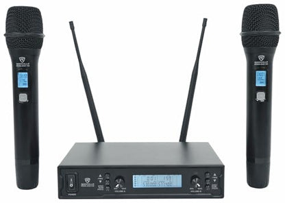 Rockville RPG122K 12" Powered PA Speaker Pair with 2 UHF Wireless Mics | 1000W Peak / 250W RMS, Bluetooth, USB/SD/FM, 2 Speaker Stands, Wired Microphone, RWM-200 H2 200-Channel System, 2-Items