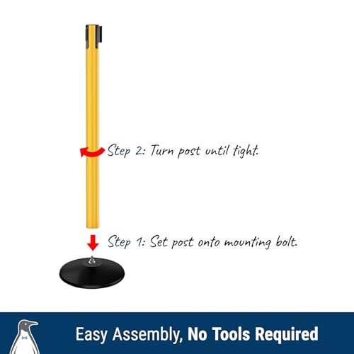 Prime 10' Long Outdoor Weather Resistant Retractable Belt Stanchion 2 Pk, 40” Tall No-Tools Assembly Crowd Control Barriers (Yellow Alumnium Post w/Black & Yellow Belt) | Commercial Grade Outdoor Retractable Belt Stanchions, PRIME, Cement Base, Tool-Free,