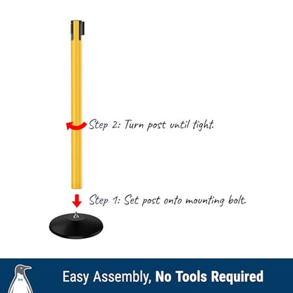 Prime 10' Long Outdoor Weather Resistant Retractable Belt Stanchion 2 Pk, 40” Tall No-Tools Assembly Crowd Control Barriers (Yellow Alumnium Post w/Black & Yellow Belt) | Commercial Grade Outdoor Retractable Belt Stanchions, PRIME, Cement Base, Tool-Free,