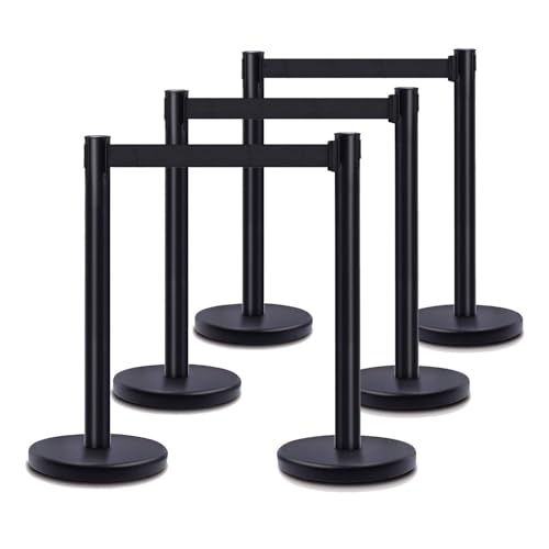 DuraSteel Black Crowd Control Barriers Stanchions with Retractable Belts - Metal Stanchion Posts w/ 6.5ft Black Retractable Barrier Belt Ropes - Queue VIP Safety Line Dividers - Set of 6 Stantions - color: Black Belt, style: Black Stanchion 6 Pcs Set