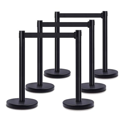 DuraSteel Black Crowd Control Barriers Stanchions with Retractable Belts - Metal Stanchion Posts w/ 6.5ft Black Retractable Barrier Belt Ropes - Queue VIP Safety Line Dividers - Set of 6 Stantions - color: Black Belt, style: Black Stanchion 6 Pcs Set