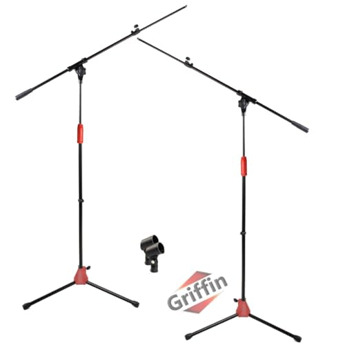 GRIFFIN 2 Pack Boom Microphone Stands (StageLOCK Series) – Adjustable Tripod with Folding Legs, Telescoping Arm & Mic Clip for Studio or Live Performance - size: 2 Pack