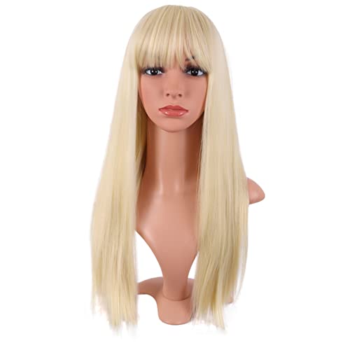 MapofBeauty 24 Inch Long Straight Flat Bangs Party Cosplay Wig,Mixed Blonde | 60 cm Synthetic Hair Wig, Heat Resistant, Women - color: Mixed Blonde