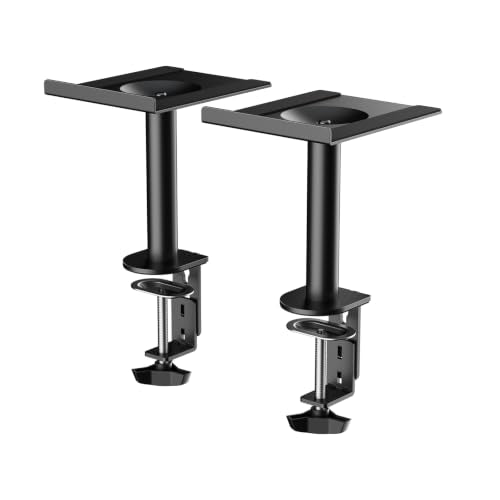 suptek Small Clamp-on Speaker Stand Desk Mount Set, Tilt, Swivel, 7.8 x 6.5 inch Trays, Universal Audio Holders for Computer and Bookshelf Speakers, Elevated Sound, 2 Pack, Black, SDM001SFX - color: Black, size: 7.8 x 6.5x 8.9"(h)