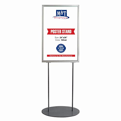 M&T Displays Metal Oval Info Board Silver 24x36 Inches Slide-In Poster Sign Holder 1 Tier Double Sided Floor Standing Pedestal Advertising Display with Backing and Anti-Glare PET Cover - color: Silver