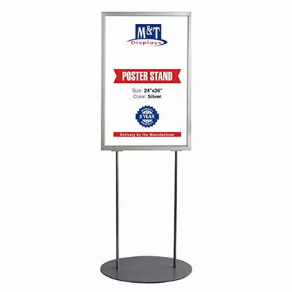 M&T Displays Metal Oval Info Board Silver 24x36 Inches Slide-In Poster Sign Holder 1 Tier Double Sided Floor Standing Pedestal Advertising Display with Backing and Anti-Glare PET Cover - color: Silver