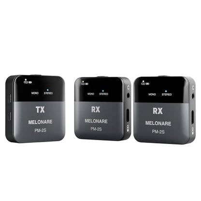 MELONARE 2-Receiver Portable Wireless in-Ear Monitor System PM-2S-2R | Wireless transmitter and 2 receivers, 24bit/48kHz audio, mono/stereo switch, OTG input, live, studios and bands - size: 2 receiver +1 transmitter