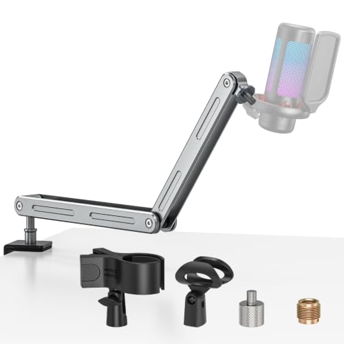 Microphone Boom Arm, Low Profile Desk Mic Stand for Podcast/Stream/Record | Low Profile Adjustable Mic Arm Stand with Desk Mount Clamp, with 1/4 & 3/8 Thread Adapter + 2 Mic Clips for All Micrphone