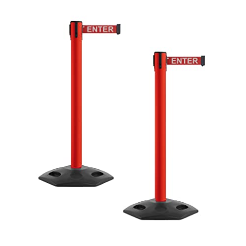 Montour Line MSR650 Set of 2 Retractable Belt Barrier Stanchion, Heavy-Duty Rubber Base, Red Steel Post (16 ft Red with"Caution - DO NOT Enter" White Letters Belt) - color: Red with "CAUTION - DO NOT ENTER" White Letters, size: Red Steel