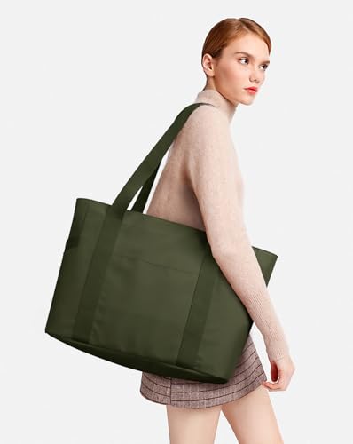 WLLWOO Large Tote Bag, 14” Laptop Work Travel Bag with Trolley Sleeve | Multi Pocket Water Splash Zipper Shoulder Handbag for Women Daily Nurse Gym Commute - color: Army Green