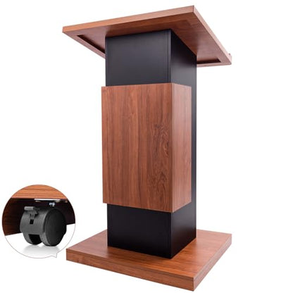 Wood Podium Stand with 4 Lockable Wheels，44.6“ Wooden Lectern with Storage，Wooden Standing Pulpit with Wire Hole for Church Office School Home Conference Restaurant Meeting Auditorium - size: 44.6IN