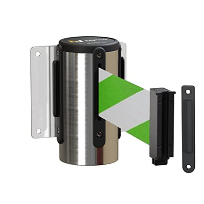 Montour Line WM115 Wall Mounted Retractable Belt Barrier with Standard Belt End, Fixed Mount, Polished Stainless Steel Casing (8.5 ft Green and White Diagonal Belt) - color: Green and White Diagonal, size: 8.5 ft