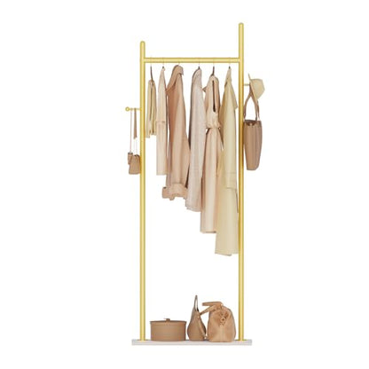 Coat Rack Freestanding, Clothes Rail, 19.7x11.8x68.9 In, Gold | Modern Garment Rack with 2 Hooks and Heavy Rock Slab Base, Industrial Metal Clothing Hanger Stand for Entryway, Living Room - color: Gold, size: 11.8 x 19.7 x 68.9 In