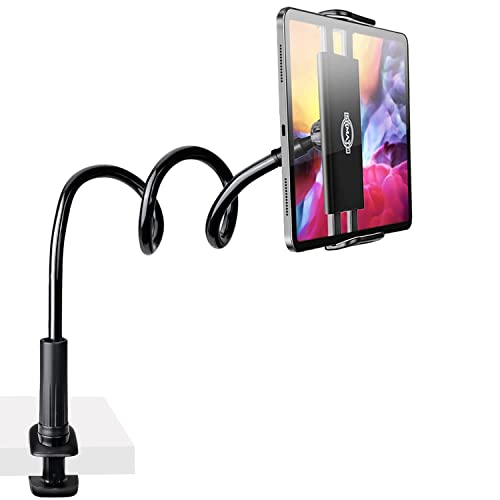 Cell Phone & Tablet 2 in 1 Clip Stand Holder with Flexible Long Arm Gooseneck Bracket Mount Clamp for iPad,iPhone,Switch, Kindle Fire, 4.7''-10.5'' Devices, for Bedroom,Office,Desktop,Kitchen (Black)