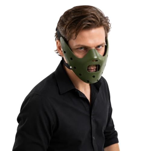 Hannibal Lecter Mask Cosplay The Silence of The Lambs Half Face Resin Mask | Halloween Costume Prop, Durable Resin, Sponge Pads, Adjustable Buckle Straps, Open Mouth Cage, Adult, for Role Play Party - color: Green