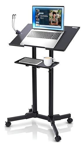 Pyle Lectern Podium Stand | Adjustable Height Top Shelf, Bottom Shelf, Locking Plastic Wheels, & LED Reading Light | Mobile Standing Desk for Classrooms & Presentations | Portable Rolling Table Design - color: Charcoal