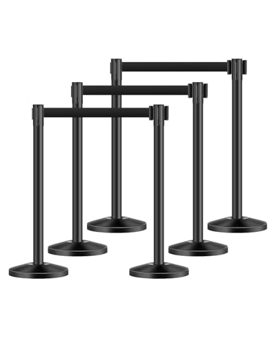 VEVOR Stanchion Post, 6 Pcs Stanchions with Retractable Belts, Carbon Steel Black Stanchions Queue with Sand Injection Hollow Base, Crowd Control Barriers for Theaters, Parties, Weddings, Exhibitions - color: Black