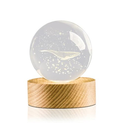 Flexzion 3D Whale Crystal Ball Night Light - LED Light Hologram Glass Lamp with Solid Wood Base, USB Powered Crystal Ball Lamp with Adjustable Brightness for Home Decor Display Gift, 2.4inch(60mm) | Whale Lamp with Solid Beech Wood Base and Adjustable Bri