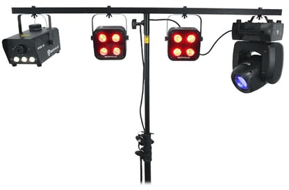 Rockville RVLS60 9-Foot Portable Tripod DJ Lighting T-Bar Stand with Bag | 60 lb Capacity, Extends to 9 Feet, Collapses to 45", Heavy-Duty Steel, 8 Hanging Bolts, Safety Pins, 42" T-Bar
