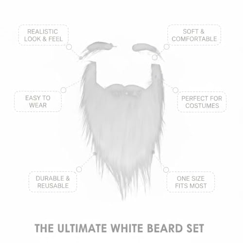 White Fluffy Fake Beard and Eyebrows Set - Realistic Santa Beard and Facial Hair Costume Accessory for Christmas Parties, Theater, and Cosplay