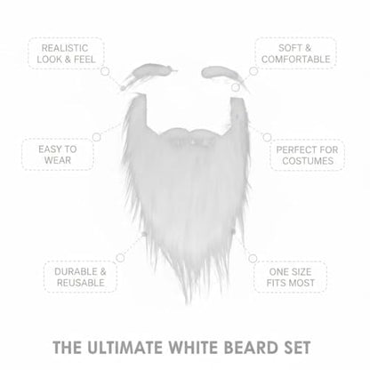 White Fluffy Fake Beard and Eyebrows Set - Realistic Santa Beard and Facial Hair Costume Accessory for Christmas Parties, Theater, and Cosplay