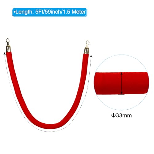 PATIKIL 5 Feet Red Velvet Stanchion Rope, Crowd Control Barrier Rope with Snap Hooks for Posts Stand Queue Divider of Hotel Theater, Golden - color: Red, size: 5 Feet