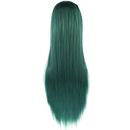 80cm Long Straight Natural Hair Cosplay Wigs with Bangs Colorful Halloween Costume Party Wig for Women (Dark Green) - color: Dark Green