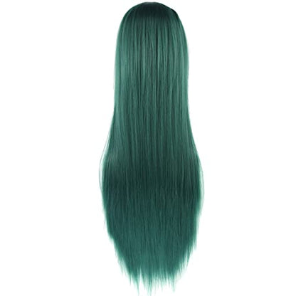 80cm Long Straight Natural Hair Cosplay Wigs with Bangs Colorful Halloween Costume Party Wig for Women (Dark Green) - color: Dark Green