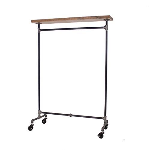 Industrial Pipe Rolling Clothing Rack with Solid Wood Top Shelving by William Robert's Vintage