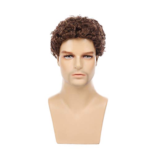 Swiking Mens Brown Afro Curly Wig for Male Guy Rocker Wig California Halloween Cosplay Costume Full Wigs - color: Brown