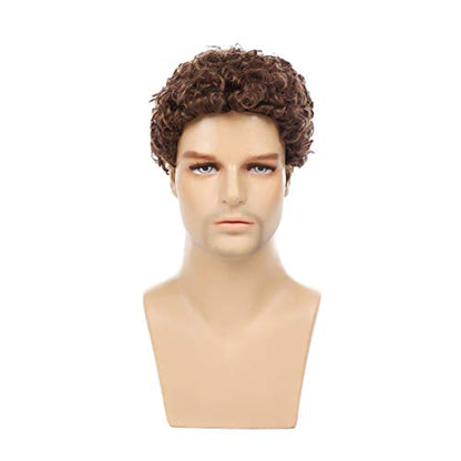 Swiking Mens Brown Afro Curly Wig for Male Guy Rocker Wig California Halloween Cosplay Costume Full Wigs - color: Brown